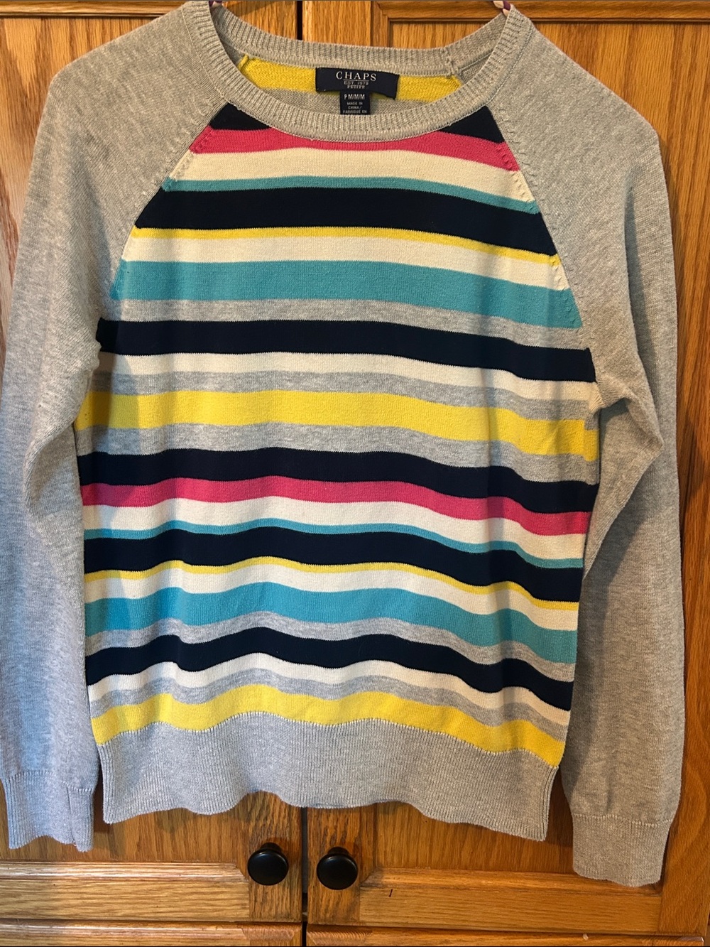 Chaps Women’s Gray Crewneck Sweater with Yellow, Navy, Teal & Pink Stripes